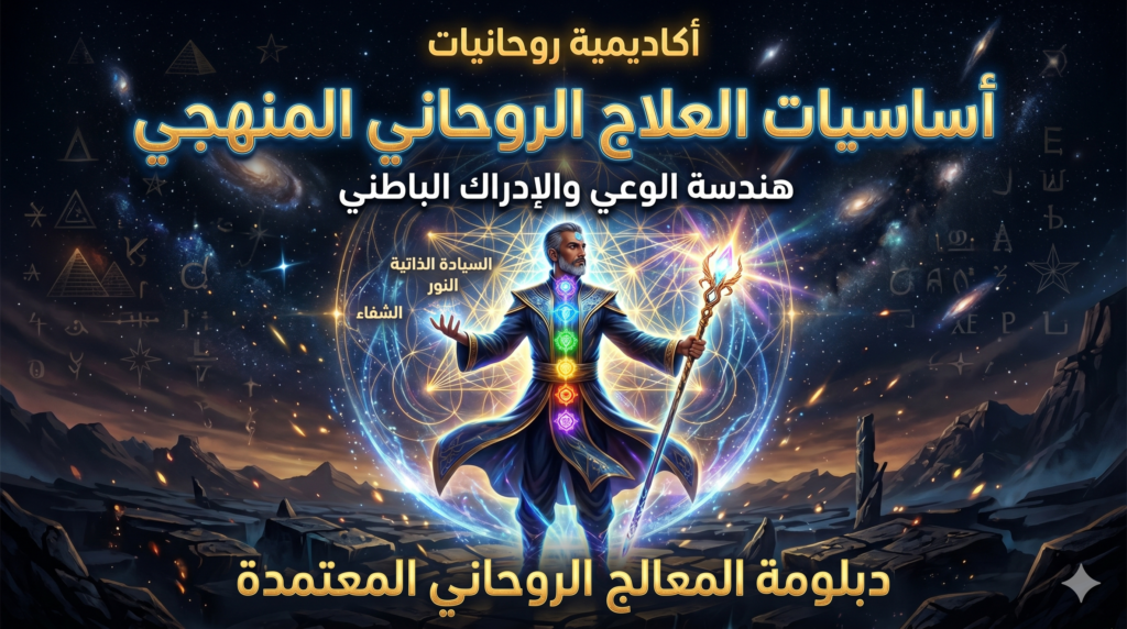a man with a staff and a glowing staff دبلوم أساسيات العلاج الروحاني المنهجي هندسة الوعي والإدراك الباطني